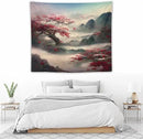 Japanese Tapestry, Red Plum Cherry Blossom Mountain Tapestry, Asian Japanese Wall Tapestry, Nature Landscape Tapestries for Bedroom Living Room Decor 60"x50" by CozyNest Decor