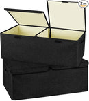 2 Pack Large Linen Fabric Collapsible Storage Bins with Lid and Handles, Washable Storage Box Baskets Cube with Removable Divider for Bedroom,Closet,Office,Living Room,Nursery (Black, Small) by TinyTreasures Baby Boutique