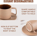 Large Cappuccino Cups with Saucers Set of 4, 8 Ounce Stackable Embossed Ceramic Coffee Mugs for Specialty Coffee Drinks, Latte, Cafe Mocha and Tea, Dishwasher & Microwave Safe (Brown) by CozyNest Decor