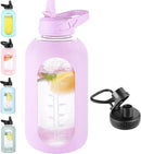 64 oz Glass Water Bottle With Straw and Handle, Half Gallon Sports Motivational Water Jug Flask with Silicone Sleeve, Large Water Cup with Time Marker for Travel, Gym, Purple by CozyNest Decor