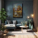 Small house by the stream under the moonlight tranquil style suitable for living room bedroom and office landscape poster wall art by CozyNest Decor