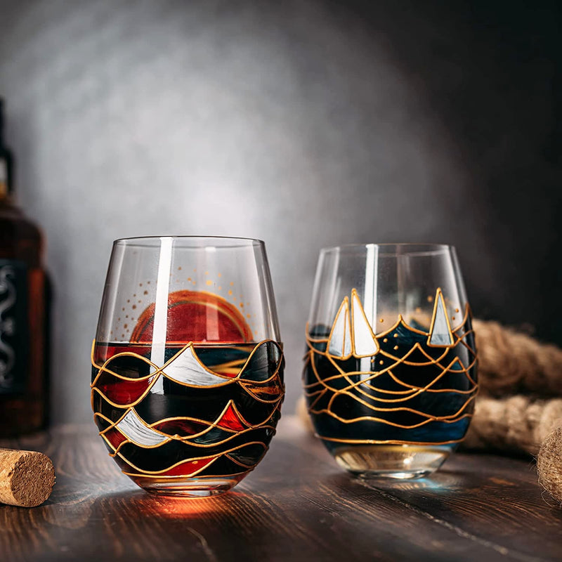 Artisanal Hand Painted Sunrise Glasses, Stemless Set of 2 Wine, Water & Whiskey Glasses - The Wine Savant - Crystal Tumblers - Gift Idea for Her, Him, Birthday, Housewarming - Large Goblets (18.5 OZ)