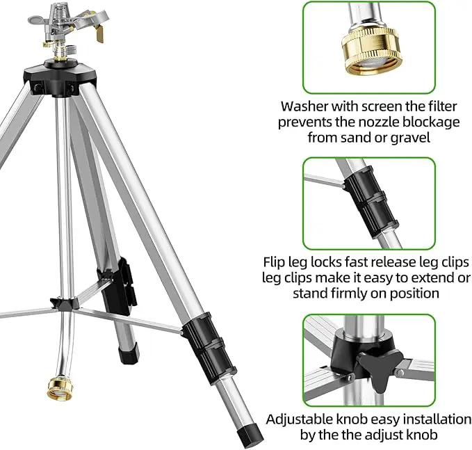 Brass Impact Sprinkler on Tripod Base, 50” Heavy Duty Metal Pulsating Telescoping Sprinkler, 360 Degree Irrigation for Large Area, Yard, Lawn, Waters up to 90ft, Covering up to 6360sqft, photo 5 of 6