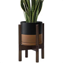 D'vine Dev Ceramic Planter with Walnut Color Stand - 8 Inch Modern Round Flower Pot with Wood Planter Holder, Black/Speckled Tan, 55-B-Y-7 by GreenHaven Gardens