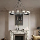 Black Wagon Wheel Chandelier, 48 Inch Black Chandeliers with Unique Glass Shade, 12-Light Crystal Large Wagon Wheel Chandeliers for Dining Room, High Ceiling Round Chandelier for Living Room, Foyer by CozyNest Decor