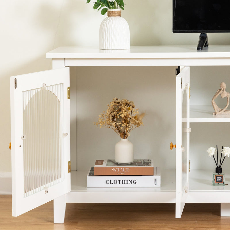 71-inchstylishTVcabinet Entertainment CenterTV stand,TVConsoleTable, Media Console,solidwood frame,Changhong glass door,Metal handle,antique white,canbeplacedin the children's room,bedroom Living Room