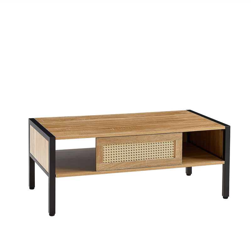 40.16" Rattan Coffee table, sliding door for storage, metal legs, Modern table for living room, natural