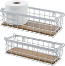 MyGift 13 and 12 Inch Nesting Storage Baskets with Handles, Wall Mounted or Tabletop White Metal Wire and Premium Acacia Wood Decorative Shelf Organizer Bins, 2 Piece Set by CozyNest Decor