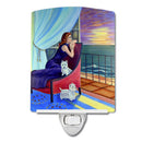 Lady with her Westie Ceramic Night Light Compact, UL-Certified, Ideal for Bedroom, Bathroom, Nursery, Hallway, Kitchen, 6x4x3, Multicolor