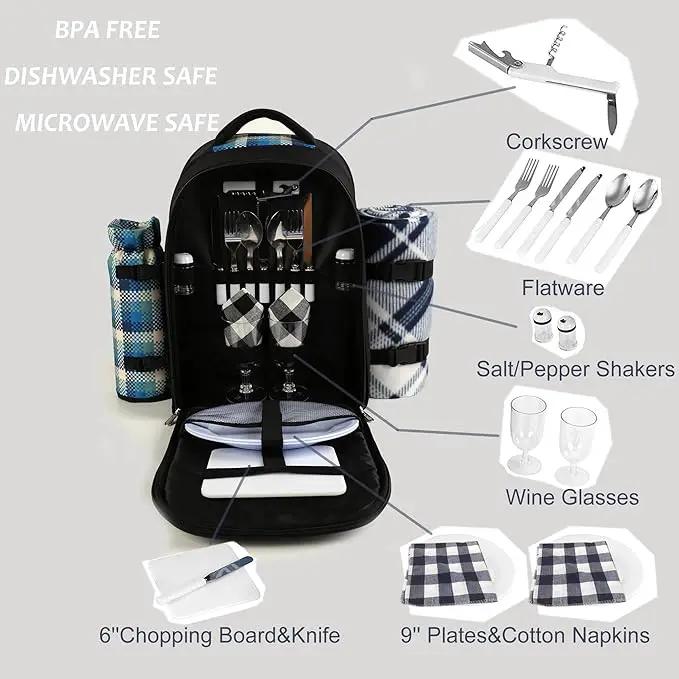 apollo walker Picnic Backpack Bag for 2 Person with Cooler Compartment, Detachable Bottle/Wine Holder, Fleece Blanket, Plates and Cutlery Set, photo 3 of 8