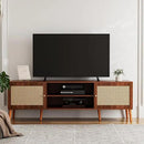 TV Stand for TVs up to 65'', Entertainment Center With Rattan Door, Shelves & 2 Cabinets, Long Boho Media Console for Living Room, Walnut by CozyNest Decor