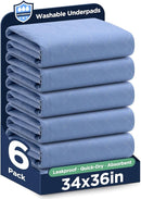 Washable Bed Pads 34" x 36" - 6 Pack, Blue, Waterproof Bed Pads for Incontinence, Bed Wetting Pads for Bed, Sofa, Floor, Resuable Underpads for Adults, Seniors, Pet by TinyTreasures Baby Boutique