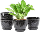 Sureasy Ceramic Indoor Plant Pots - 5.6 Inch Flower Pots for Plants with Drainage Hole and Saucer, Embossed Planter for Succulents, Orchid, Cactus, Indoor Home Decor, Set of 4, Black by GreenHaven Gardens