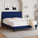 Queen Size Bed Frame with Headboard, Velvet Upholstered Platform Bed with Vertical Channel Tufted Design, No Box Spring Required, Easy Assembly, Blue by CozyNest Decor