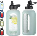 64 oz Glass Water Bottle With Straw and Handle, Half Gallon Sports Motivational Water Jug Flask with Silicone Sleeve, Large Water Cup with Time Marker for Travel, Gym, Sage by CozyNest Decor
