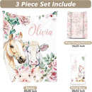 Custom Name Crib Bedding Set - Horse & Cow Pattern, Personalized Floral Nursery Bedding 3-Piece Set– Soft Blanket, Fitted Sheet, Changing Pad Cover – for Newborns Girls Nursery Gifts by TinyTreasures Baby Boutique