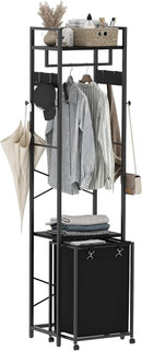 Coat Rack with Laundry Basket, Laundry Hamper Freestanding Hall Tree, Clothes Rack with Storage Shelves, 14.5 Gal Removable Bags on Wheels, Black JLH005B by CozyNest Decor