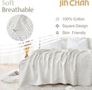 jinchan Boho 100% Cotton Blanket Muslin 50x60 Inches Lightweight 3-Layer Geometric Square Striped Pattern Reversible Quilt Throw Soft Breathable Comfy All Seasons for Couch Bed Decor, Light Grey by CozyNest Decor