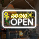 Neon We are Open Signs for Business, 16.5x9'' Open Sign with Printed Flower and Sun, with ON/OFF Switch & Adapter, Daylight White, Ideal for Window, Party, Wall, Bars, Coffee Shops, Salons, Clubs, Hotels by GreenHaven Gardens