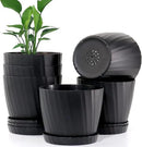 7 Inch Plant Pots Bulk, 6 Pack Plastic Planters with Drainage Holes and Saucers for Indoor Outdoor House Plants and Flowers, Black by GreenHaven Gardens