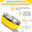 Nuogo 2 Pcs Stainless Steel Baby Suction Plates with Removable Silicone Shell 2-in-1 Metal Toddler Bowl Divided for Picky Eaters Kids Feeding Led Weaning Supplies, Dishwasher Safe (Yellow,Orange) by TinyTreasures Baby Boutique