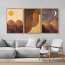 Tinonedraw Boho Mountain Framed Canvas Wall Art Set, Mid Century Modern Geometric Line Wall Decor, Bohemian Sun and Moon Art Paintings, Beige Brown Wooden Artwork for Living Room Bedroom Office 16"x24"x3 by CozyNest Decor