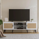 TV Stand for TVs up to 65'', Mid Century Modern Entertainment Center with Rattan Door, Shelves & 2 Cabinets, Boho Media TV Console for Living Room, Bedroom, White by CozyNest Decor