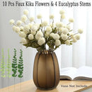 Faux White Kiku Flower, 10 Stems with 5 Heads Each & 4 Branches Eucalyptus Stems, Artificial Small Mini Chrysanthemum Flowers for Aesthetic Room Decor, Floral Arrangements Centerpiece by CozyNest Decor