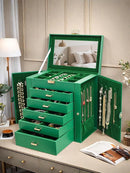 BOOVO Jewelry Box For women, 6 Layer Large Jewelry Organizer With Mirror, Multi-Function Storage Box With Lock, Necklace Holder With 5 Drawers, For Earrings Necklace Bracelet (Green and Gold) by TinyTreasures Baby Boutique