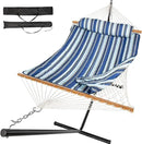 2 Person Outdoor Hammock with Stand, Cotton Rope Hammock with Polyester Pad, Adjustable Steel Frame, Portable with Carrying Bag – for Patio, Backyard, Garden, Beach, Blue Stripe by GreenHaven Gardens