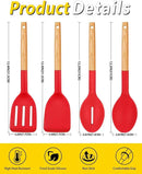 Pack of 4 Silicone Cooking Utensils Set, Non Stick Solid Spatulas and Heat Resistant Slotted Spoons with Wooden Handle, Ideal Wood Kitchen Utensils Set for Frying,Serving,Turning,Stirring (RED) by CozyNest Decor