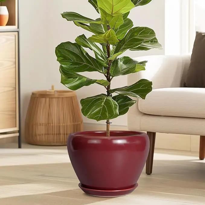 10 Inch Plant Pot - Ceramic Planter Pot with Drainage Hole and Saucer Large Planter for Indoor Plants Round Outdoor Flower Pot Mid-Century Decor Red, photo 2 of 7