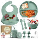 O'doe 11-Piece BPA-Free Silicone Baby Feeding Set | Thick & Soft Suction Plates, Baby Bowls, Wooden Fork & Spoon, and More | Make Mealtime Fun and Easy for Your Little One (Green, V1) by TinyTreasures Baby Boutique