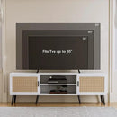 TV Stand for TVs up to 65'', Mid Century Modern Entertainment Center with Rattan Door, Shelves & 2 Cabinets, Boho Media TV Console for Living Room, Bedroom, White by CozyNest Decor