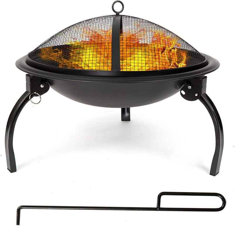 21" Outdoor Portable Fire Pit Bowl Stove Bonfire Wood Burning BBQ Grill with Mesh Spark Screen Cover Fire Poker