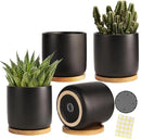 4 Inch Ceramic Plant Pots with Drainage Holes and Trays, Adorable Small Cylinder Flower Planter Pot for Indoor Plants, Succulent, Snake Plants, Cactus & Herbs, Black, Set of 4 by GreenHaven Gardens
