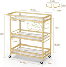 Leteuke Bar Cart for Home, 3 Tier Gold Serving Rolling Carts with Wheels, Drink Cart, Liquor Stand with Marbled Wooden Shelves, Wine Rack and Glass Holder for Kitchen, Dining Room by CozyNest Decor