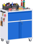 Metal Storage Cabinet on Wheels with 1 Drawer, Rolling Steel Garage Tools Cabinet with Side Pegboard &4 Hooks & 1 Adjustable Shelf for Garage,Shop,Home, Blue/Gray, Assembly Required by GreenHaven Gardens