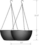 13 inch Large Hanging Planters Plant Pots for Outdoor Indoor Plants with Drainage Holes and Chain, 2 Pack Round Hanging Flower Pots for Garden Home Porch Decor, Black by CozyNest Decor
