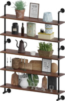 Industrial Pipe Wall Shelves Pipe Shelving with Real Wood Plank ,48 Inches Floating Shelves for Wall Farmhouse Pipe Book Shelves Dark Brown 5 Tier for Kitchen,Living Room Decor and Bar Shelving by CozyNest Decor