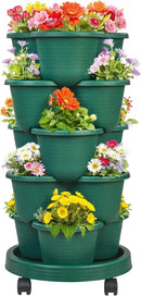 VECELO 5 Tier Vertical Garden Planter, Self Watering Stackable Planters with Wheels for Strawberries, Herbs, Flowers, Vegetables, Dark Green by CozyNest Decor