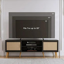 TV Stand for TVs up to 65'', Entertainment Center with Rattan Door, Shelves & 2 Cabinets, Boho Media TV Console for Living Room, Bedroom, Black by CozyNest Decor