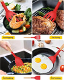 Pack of 2 Silicone Cooking Spatula, Heat Resistant Solid Turner, Non Stick Slotted Spatulas with Wooden Handle,Ideal Wood Kitchen Utensils Set for Frying, Baking, Flipping, Turning (RED)