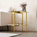 Square Glass End Table, Mid-Century Modern Design Sofa Table, for Living Room, L18 x W18 x H23, Clear Glass Top and White Marble MDF Shelf, Sleek Conical Metal Legs with Gold Finish by CozyNest Decor