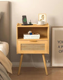 Rattan Nightstand with Outlet,Modern Bedside Table with Storage Drawer and Open Wood Shelf, for Living Room, Bedroom and Small Spaces, Accent Night Stand with Solid Wood Legs,Yellow Oak by CozyNest Decor
