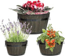 IDZO Set of 3 Wooden Flower Planters for Outdoor Plants, Acacia Wood Barrel Planters, Ergonomic Handles, Drainage Holes, Various Sizes, Black by CozyNest Decor