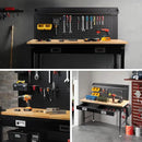 60" Workbench with Drawers, Work Benches for Garage with Strip Light, Adjustable Work Table with Large Pegboard, 2000 LBS Heavy Duty Table with Power Outlet Rubber Wood for Garage, Office by GreenHaven Gardens