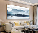 Indigo Framed Canvas Wall Art Misty Mountain Wall Pictures Foggy Lake Boat Canvas Painting Prints Forest Birds Canvas Wall Decor for Living Room Bedroom Decorations Natural Framed 24" x 48" by CozyNest Decor