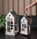 Large Farmhouse Wooden Metal Candle Lantern Set of 2, Rustic Decorative Floor Lanterns, Indoor/Outdoor Village Houses Lantern for Home Decor (No Glass) by CozyNest Decor