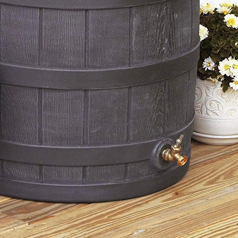 Good Ideas Rain Wizard 50 Gallon Plastic Outdoor Home Rain Barrel Water Storage Collector with Brass Spigot and Flat Back Design, Oak (4 Pack), photo 5 of 6